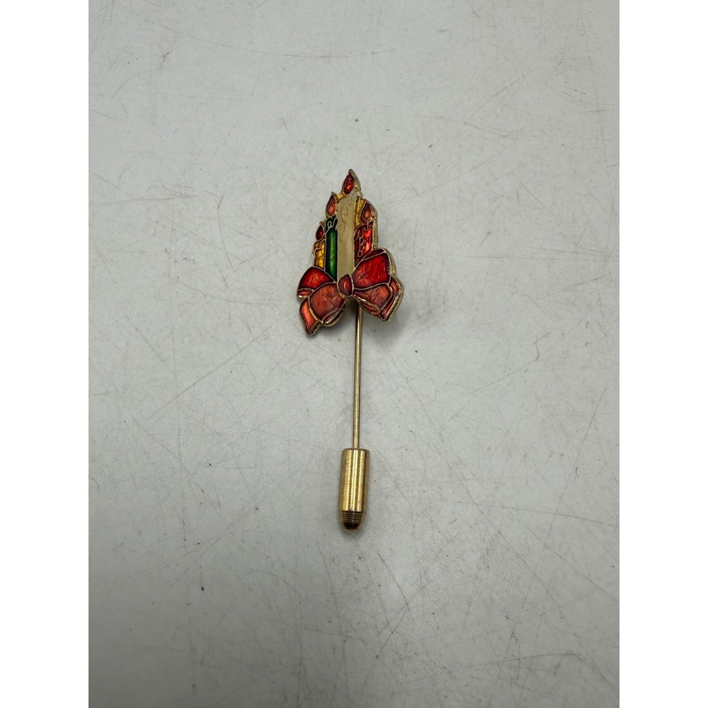 Vintage Christmas Candle Stick Pin Red Bow Enamel Gold Tone Holiday Jewelry